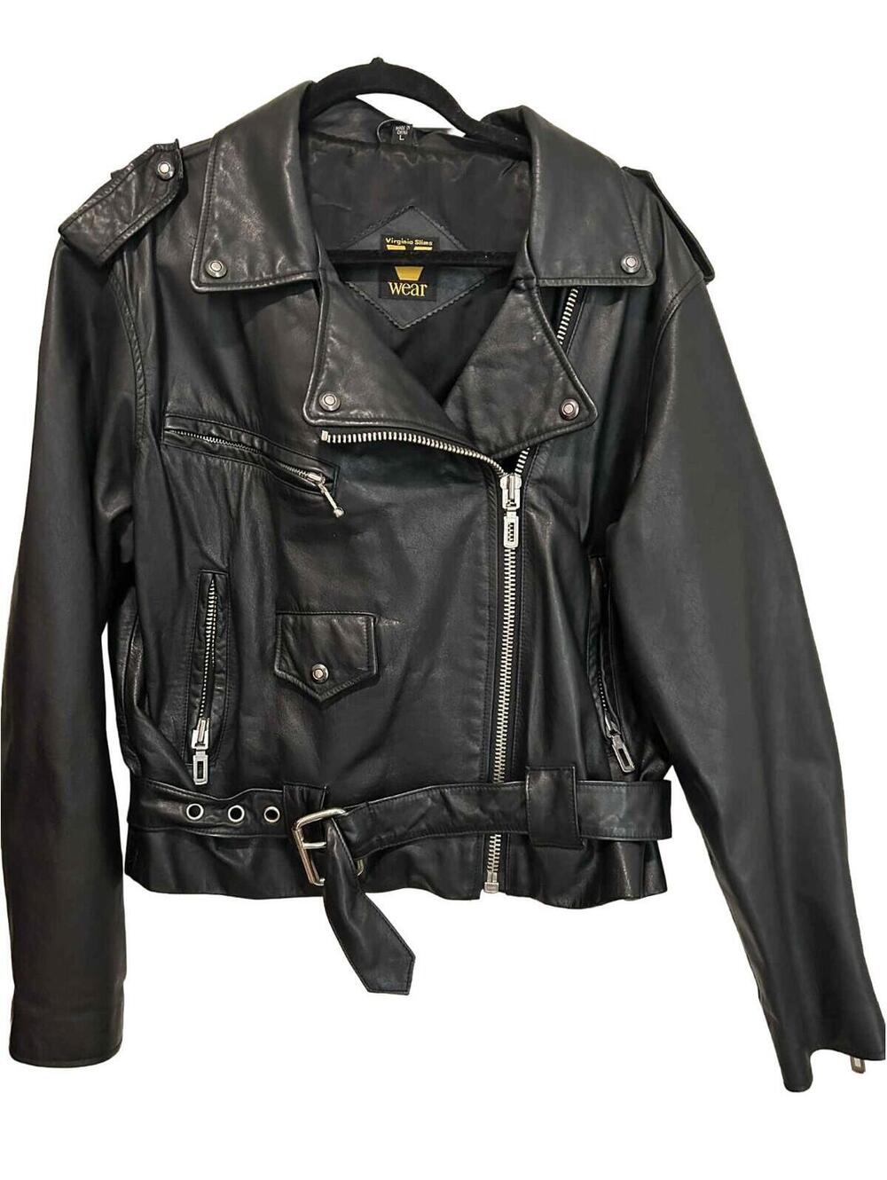 Moto Black Leather Virginia Slims V Wear Motorcycle Jacket Women's Size Large